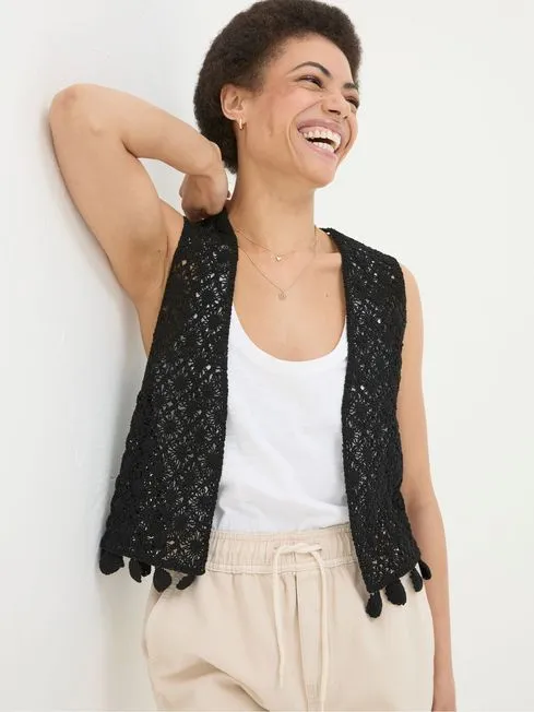 Women Fatface Loungewear Black Coin Trim Crochet Waistcoat