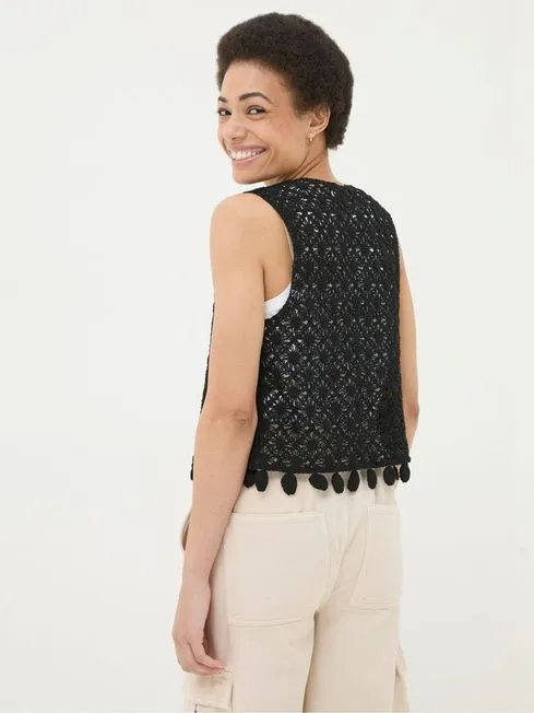 Women Fatface Loungewear Black Coin Trim Crochet Waistcoat