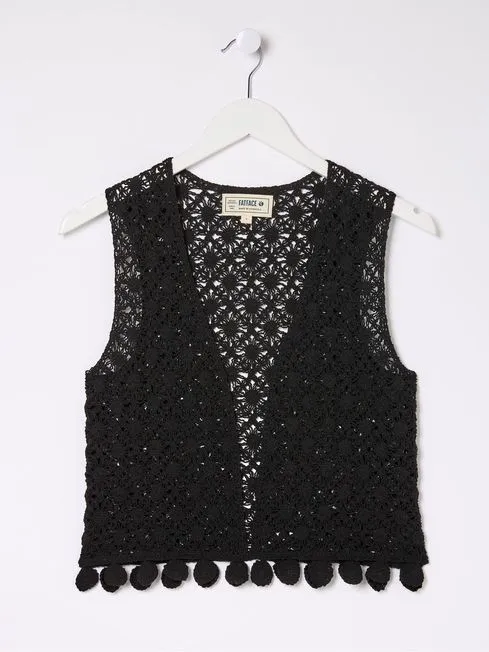 Women Fatface Loungewear Black Coin Trim Crochet Waistcoat