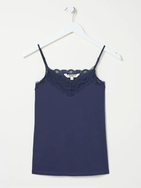 Women Fatface Loungewear Blue VNeck Lace Vest Pyjama Tops