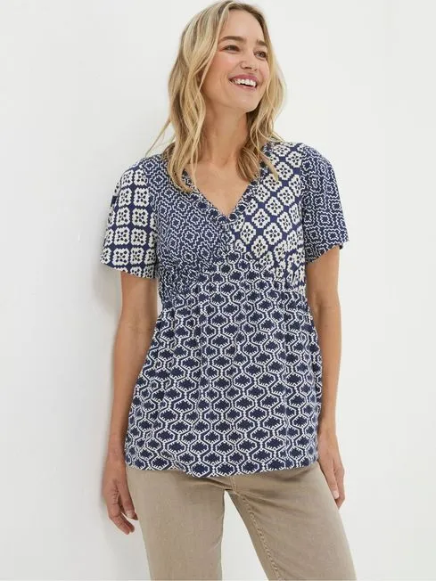 Women Fatface Shirts and Blouses Blue Frankie Patchwork Geo Blouses