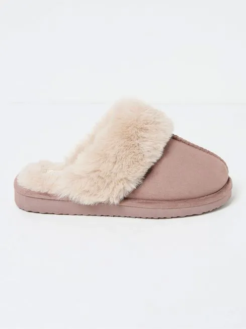 Women Fatface Slippers Kaia Dark Natural Faux Fur Cuff Mules