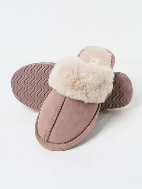Women Fatface Slippers Kaia Dark Natural Faux Fur Cuff Mules