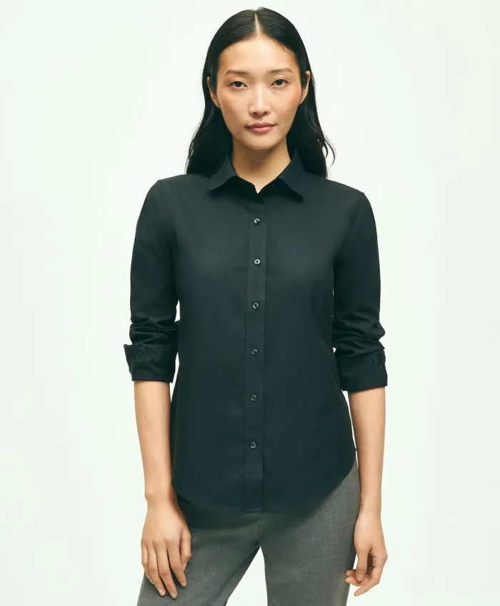 Women Fitted NonIron Stretch Supima Cotton Dress Shirt Black Brooks Brothers Blouses and Shirts