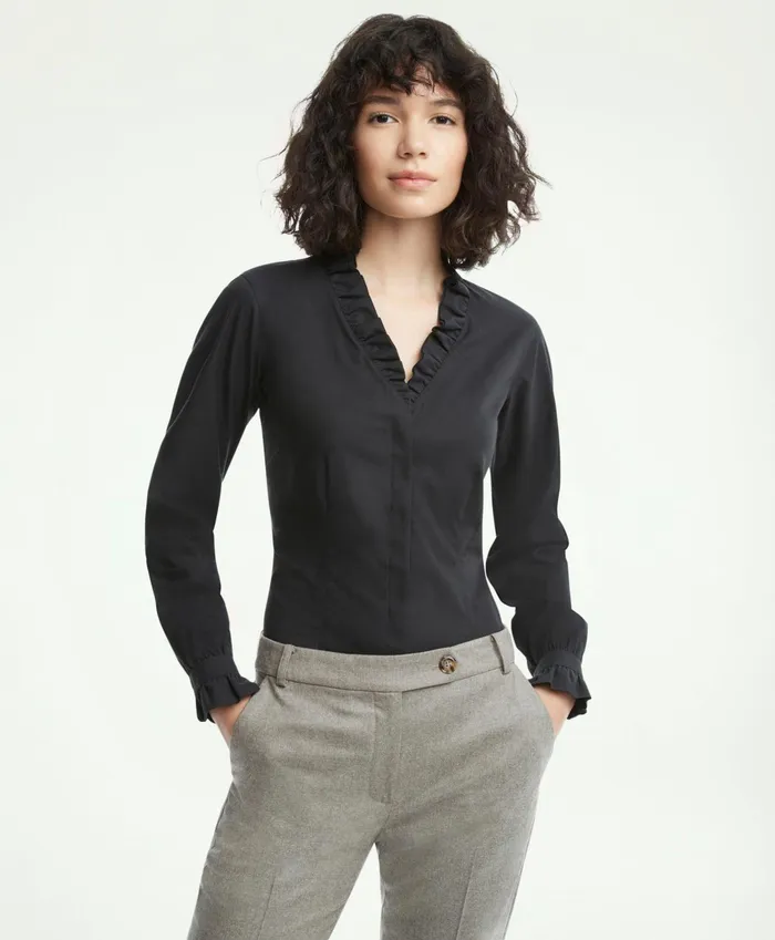 Women Fitted NonIron Stretch Supima Cotton Ruffle Dress Shirt Black Brooks Brothers Blouses and Shirts Women Fitted NonIron Stretch Supima Cotton Ruffle Dress Shirt Black Brooks Brothers Blouses and Shirts