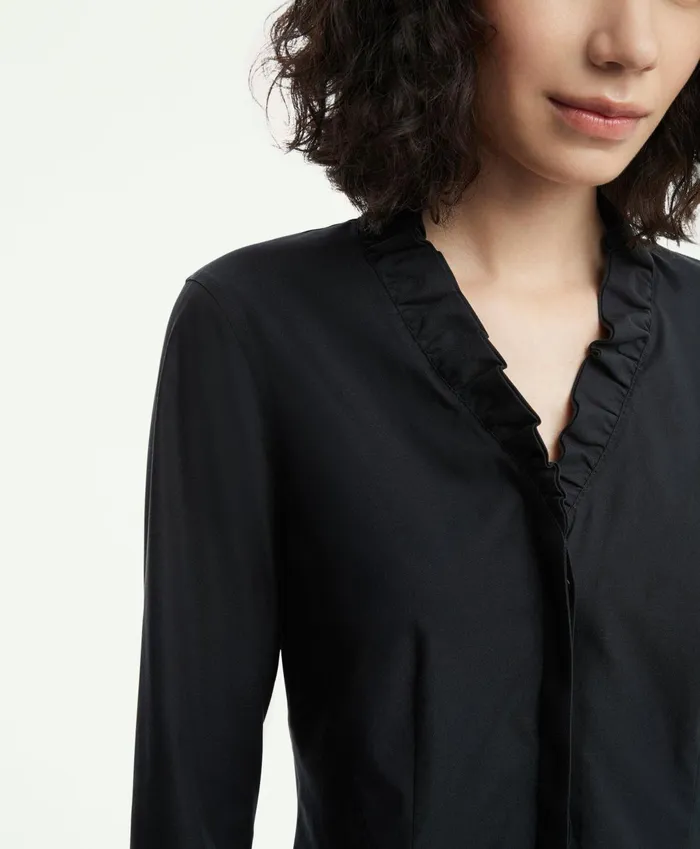 Women Fitted NonIron Stretch Supima Cotton Ruffle Dress Shirt Black Brooks Brothers Blouses and Shirts