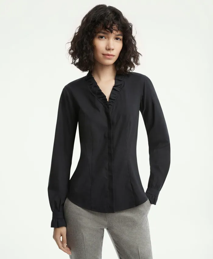 Women Fitted NonIron Stretch Supima Cotton Ruffle Dress Shirt Black Brooks Brothers Blouses and Shirts