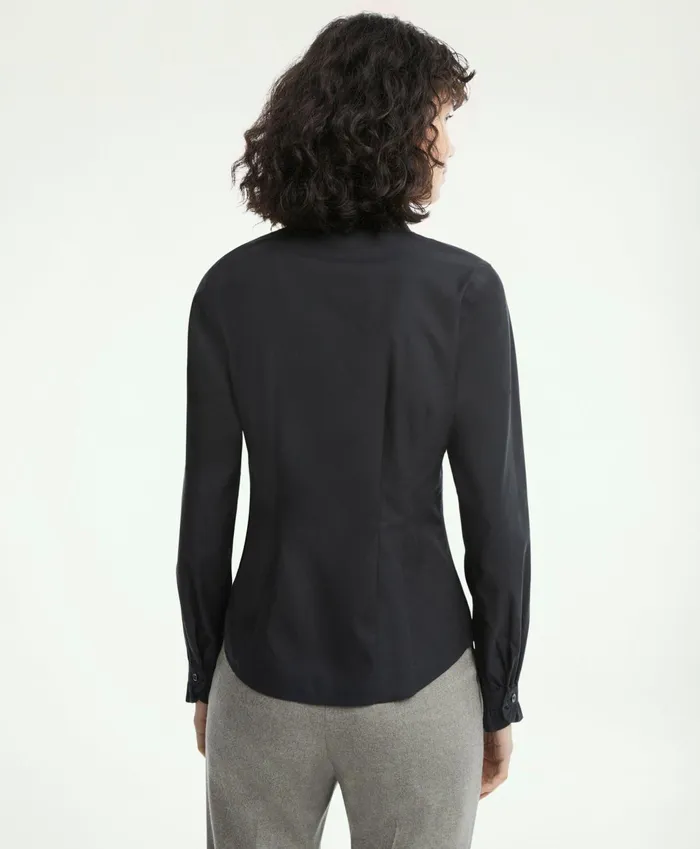 Women Fitted NonIron Stretch Supima Cotton Ruffle Dress Shirt Black Brooks Brothers Blouses and Shirts