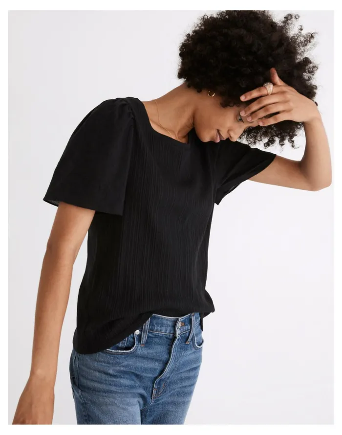 Women Flutter Sleeve Weavemix Ribbed Top True Black Madewell Tops and Shirts