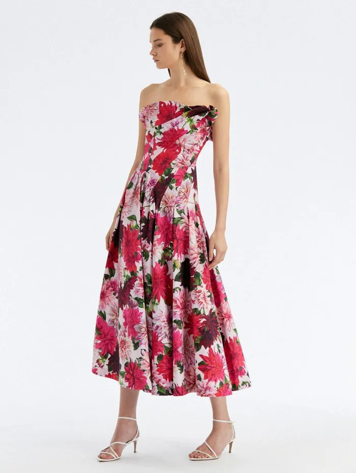Women For The Bride Oscar De La Renta Drape Detail Dahlia Cotton Poplin Dress Pink Multi