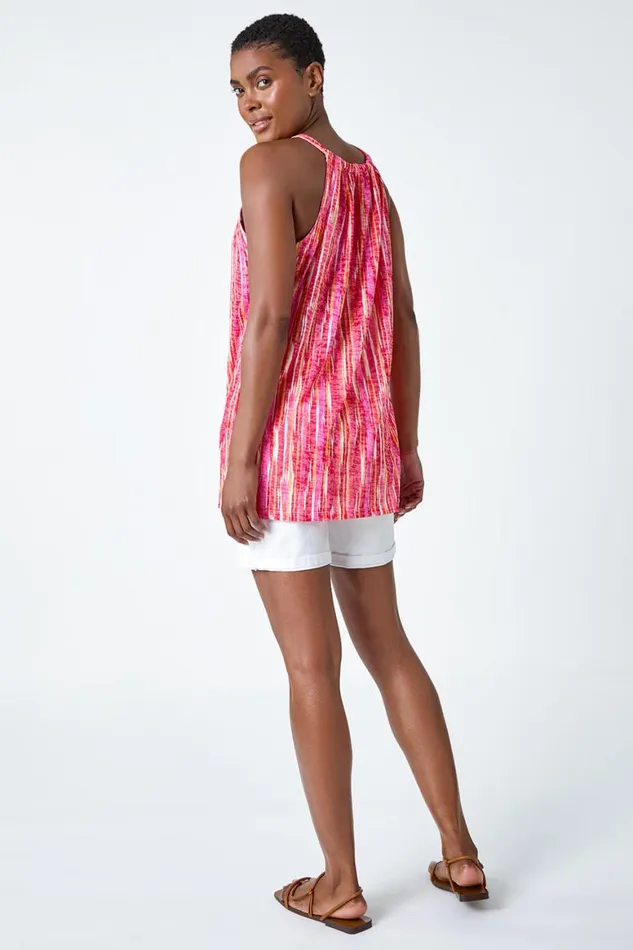 Women Fuchsia Abstract Print Halter Neck Top Roman Tops