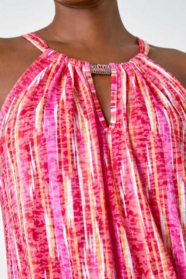 Women Fuchsia Abstract Print Halter Neck Top Roman Tops