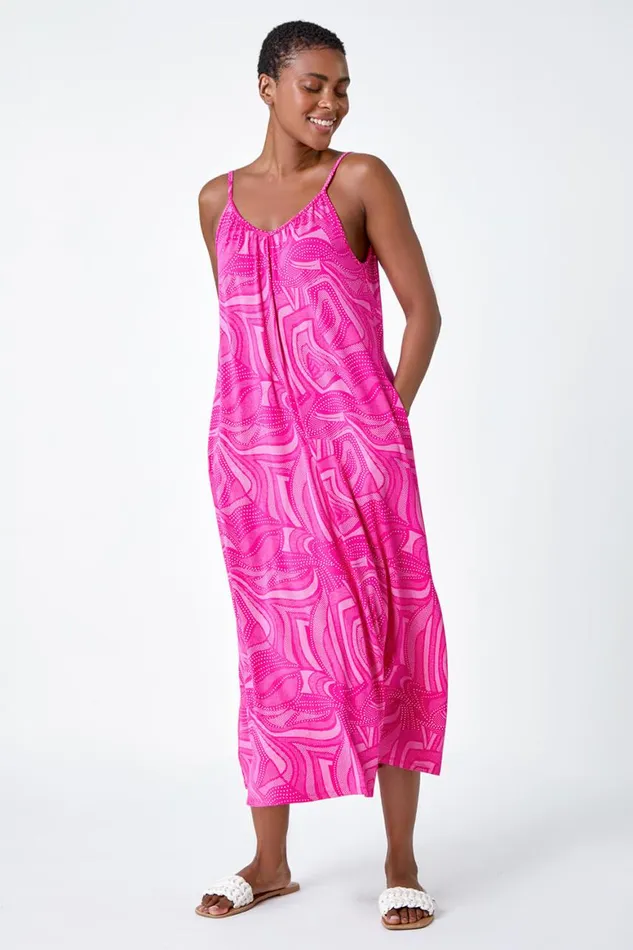 Women Fuchsia Abstract Stretch Jersey Pocket Midi Dress Roman Dresses