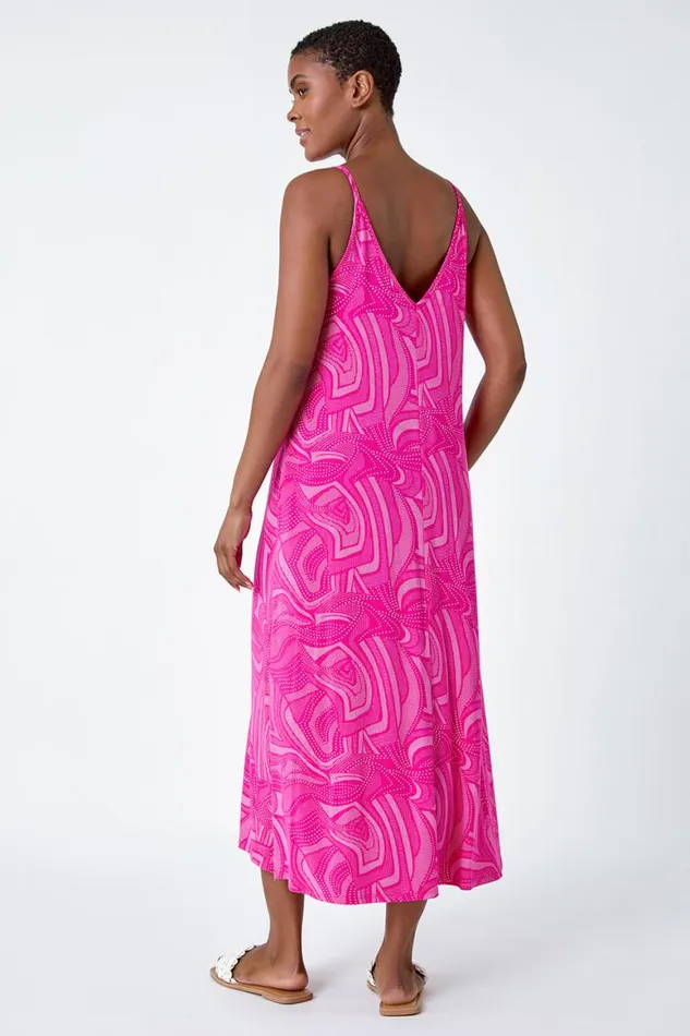 Women Fuchsia Abstract Stretch Jersey Pocket Midi Dress Roman Dresses
