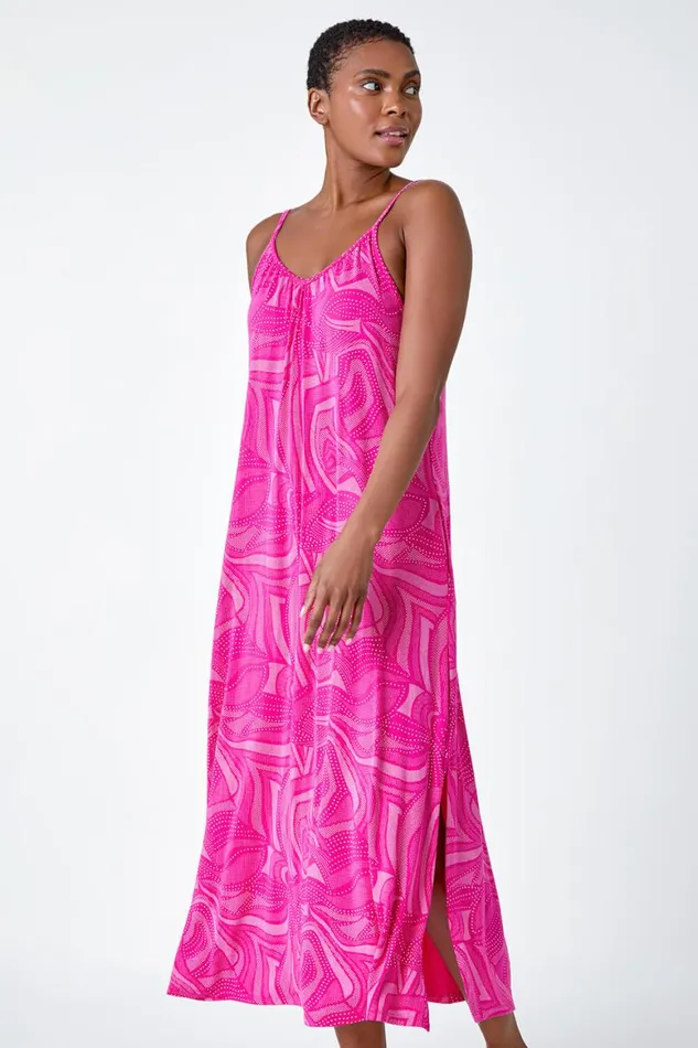 Women Fuchsia Abstract Stretch Jersey Pocket Midi Dress Roman Dresses