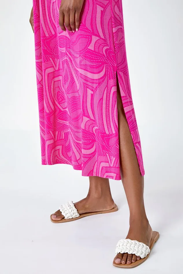Women Fuchsia Abstract Stretch Jersey Pocket Midi Dress Roman Dresses
