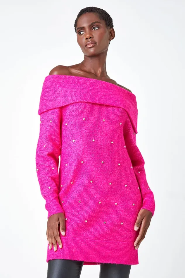 Women Fuchsia Embellished Bardot Stretch Longline Jumper Roman Occasionwear