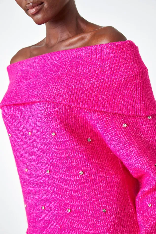 Women Fuchsia Embellished Bardot Stretch Longline Jumper Roman Occasionwear
