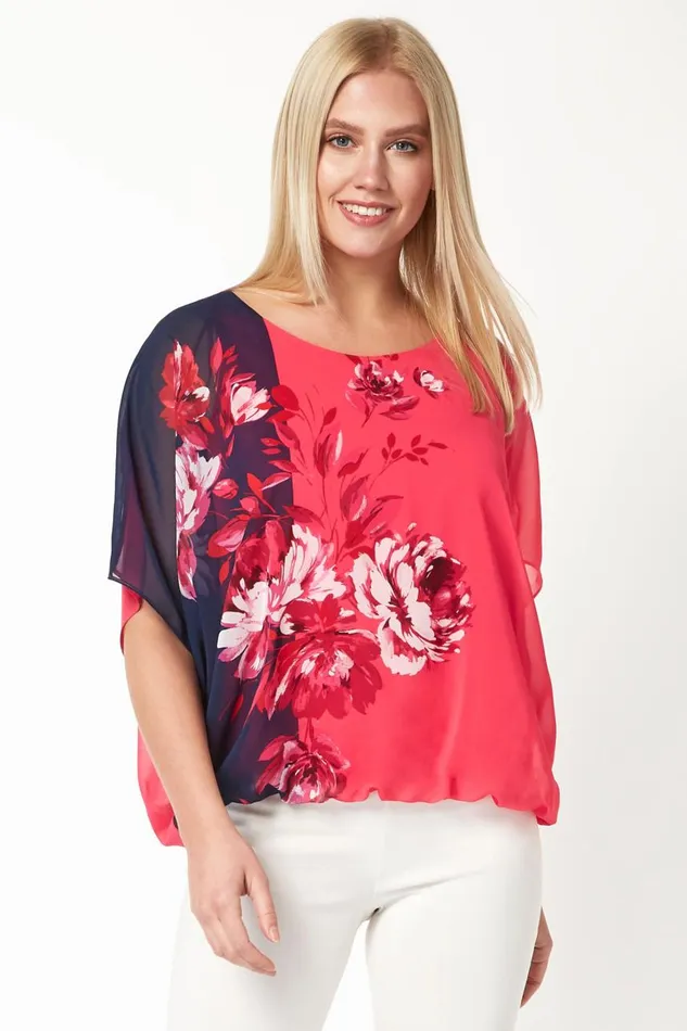 Women Fuchsia Floral Contrast Print Bubblehem Chiffon Top Roman Tops
