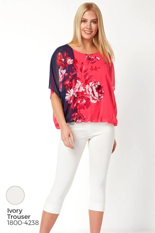 Women Fuchsia Floral Contrast Print Bubblehem Chiffon Top Roman Tops
