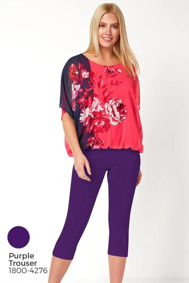 Women Fuchsia Floral Contrast Print Bubblehem Chiffon Top Roman Tops