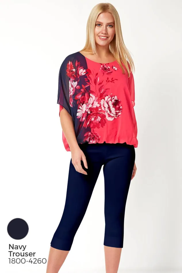 Women Fuchsia Floral Contrast Print Bubblehem Chiffon Top Roman Tops