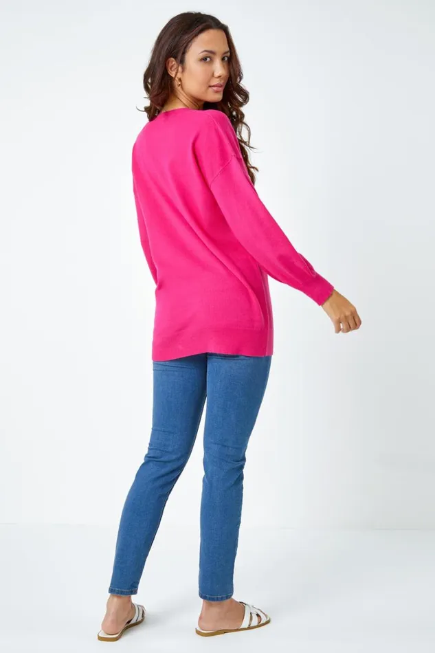 Women Fuchsia Plain Stretch VNeck Longline Jumper Roman Knitwear