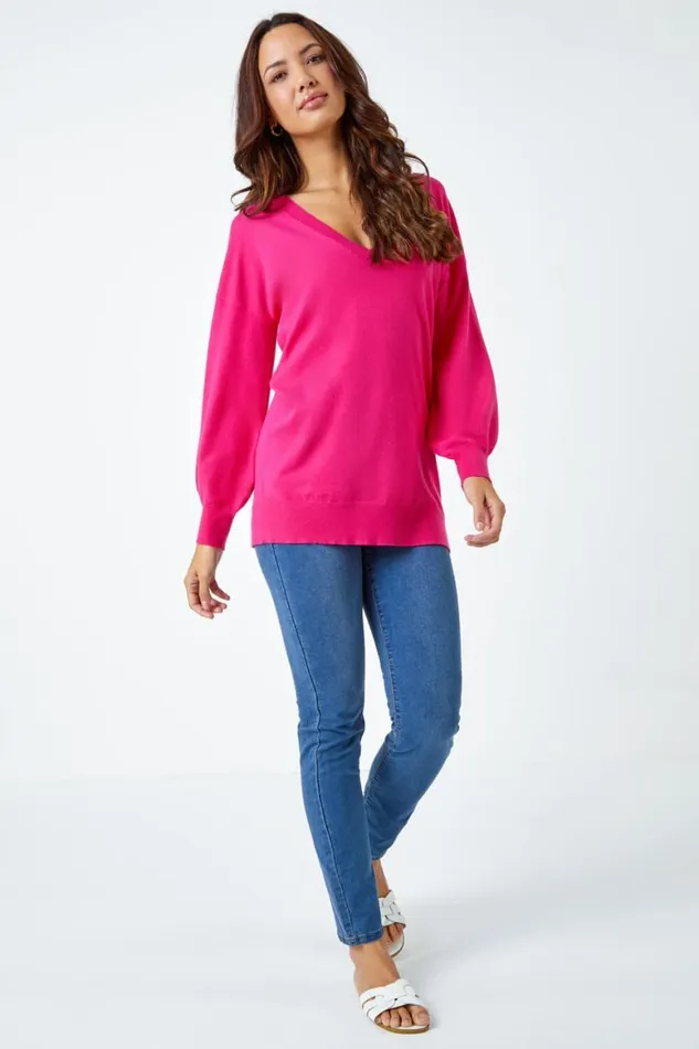 Women Fuchsia Plain Stretch VNeck Longline Jumper Roman Knitwear