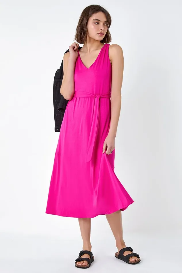 Women Fuchsia Tie Detail Stretch Midi Dress Roman Dresses