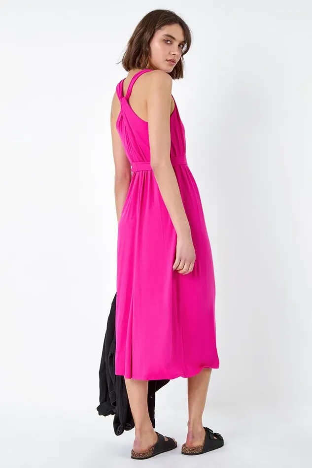 Women Fuchsia Tie Detail Stretch Midi Dress Roman Dresses