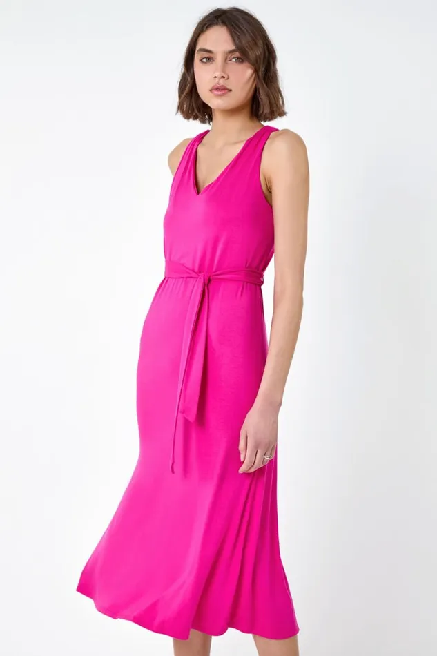 Women Fuchsia Tie Detail Stretch Midi Dress Roman Dresses