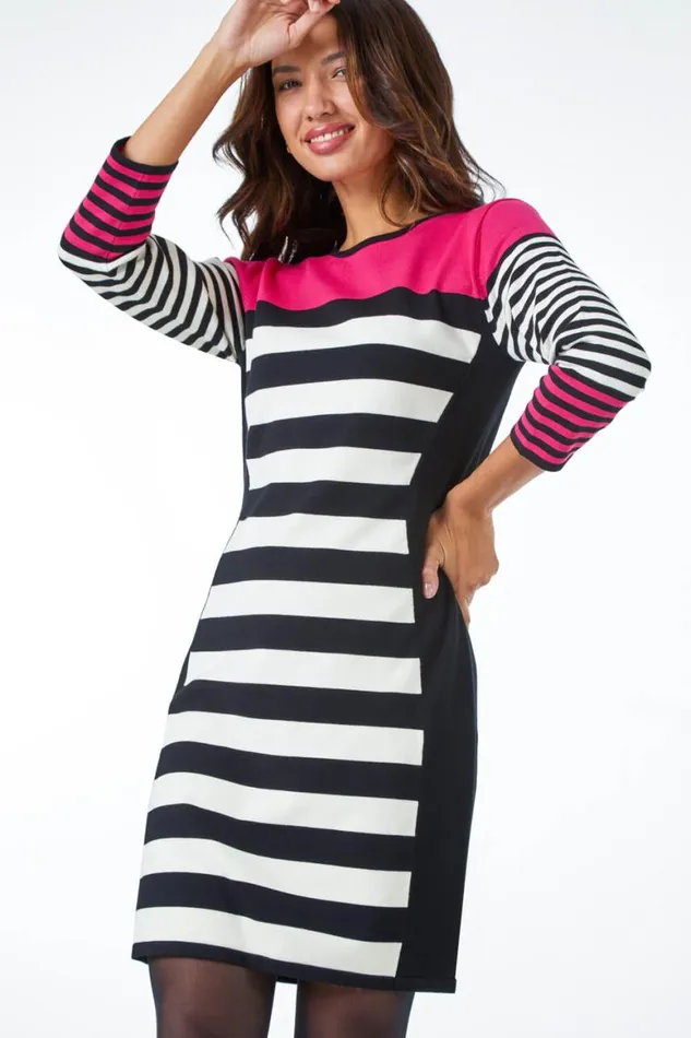 Women Fushcia Colour Block Knitted Stripe Dress Roman Dresses