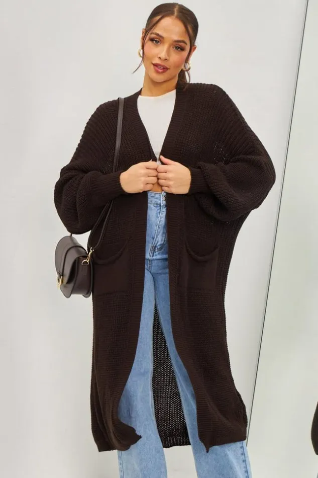 Women Gilet Long Marron En Grosses Mailles Brown Brentiny Paris Cardigans