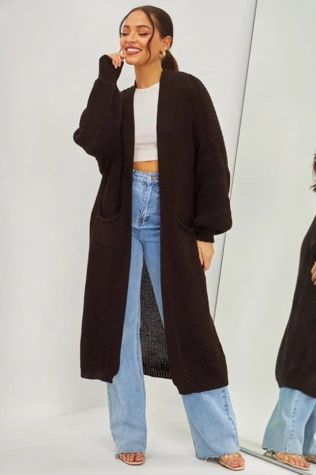 Women Gilet Long Marron En Grosses Mailles Brown Brentiny Paris Cardigans