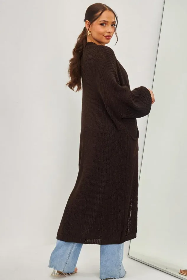 Women Gilet Long Marron En Grosses Mailles Brown Brentiny Paris Cardigans