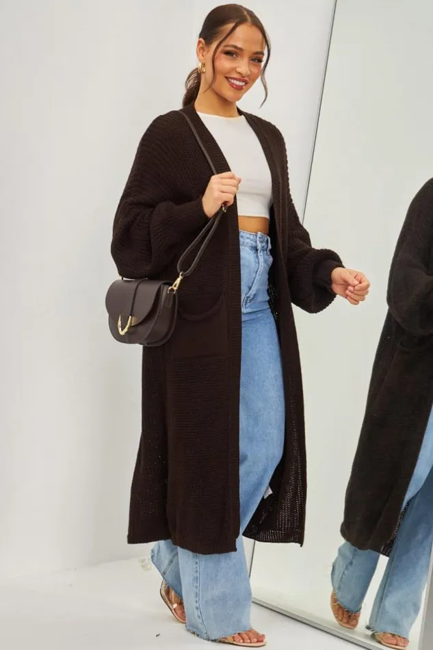Women Gilet Long Marron En Grosses Mailles Brown Brentiny Paris Cardigans