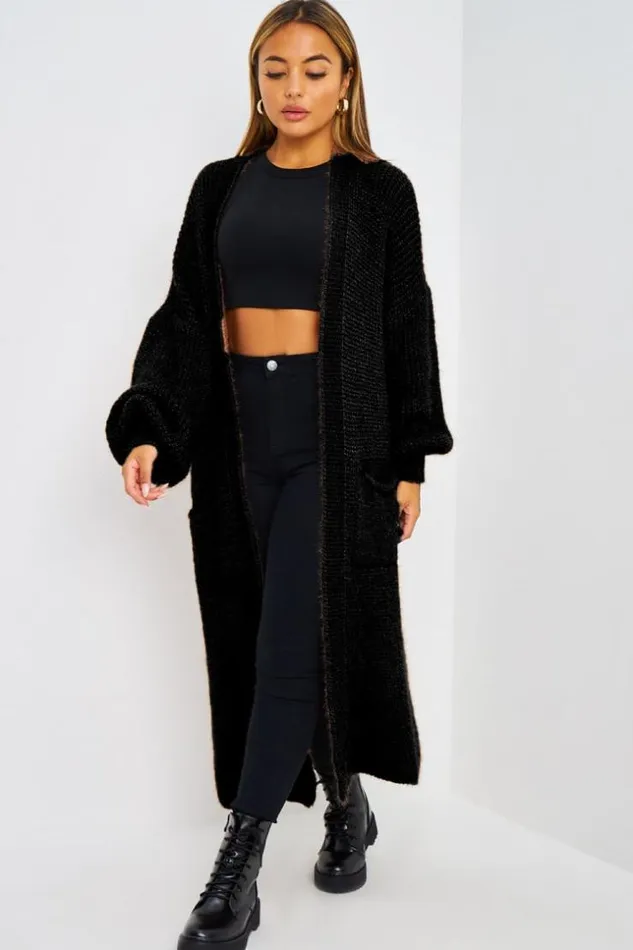 Women Gilet Long Paillet Noir En Mailles Black Brentiny Paris Cardigans