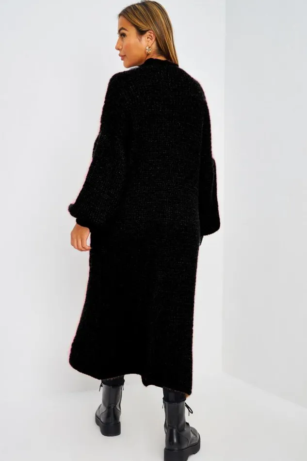 Women Gilet Long Paillet Noir En Mailles Black Brentiny Paris Cardigans