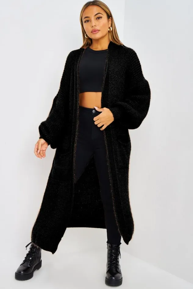 Women Gilet Long Paillet Noir En Mailles Black Brentiny Paris Cardigans