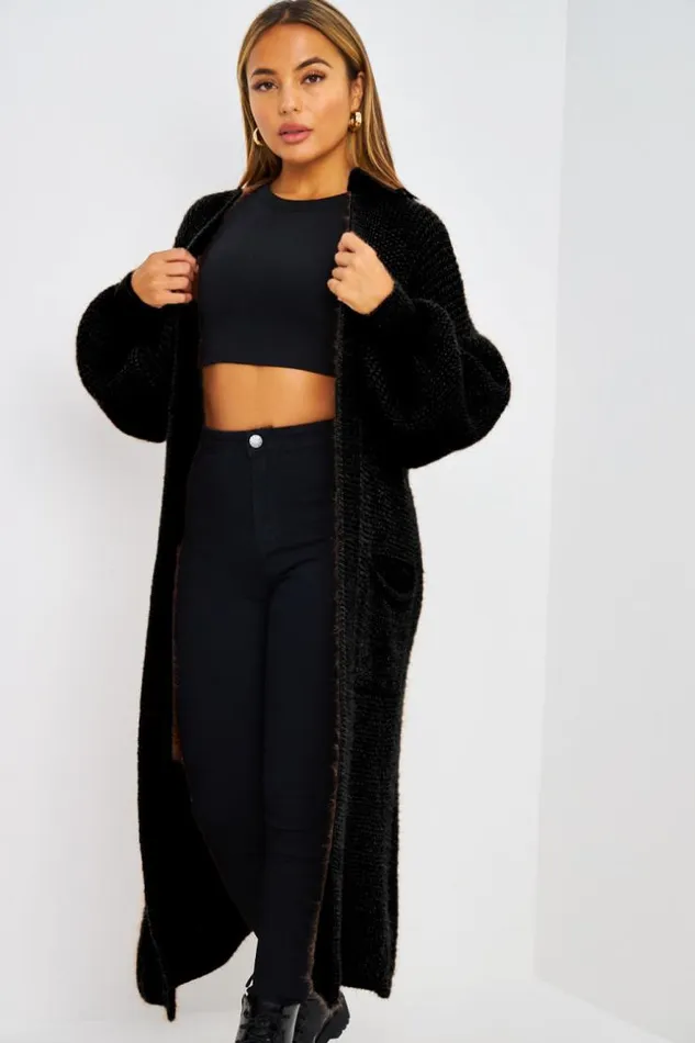 Women Gilet Long Paillet Noir En Mailles Black Brentiny Paris Cardigans