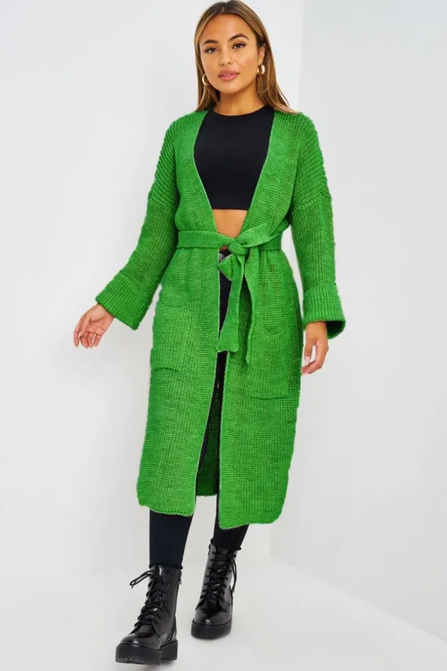 Women Gilet Long Vert En Mailles Ceintur Green Brentiny Paris Cardigans