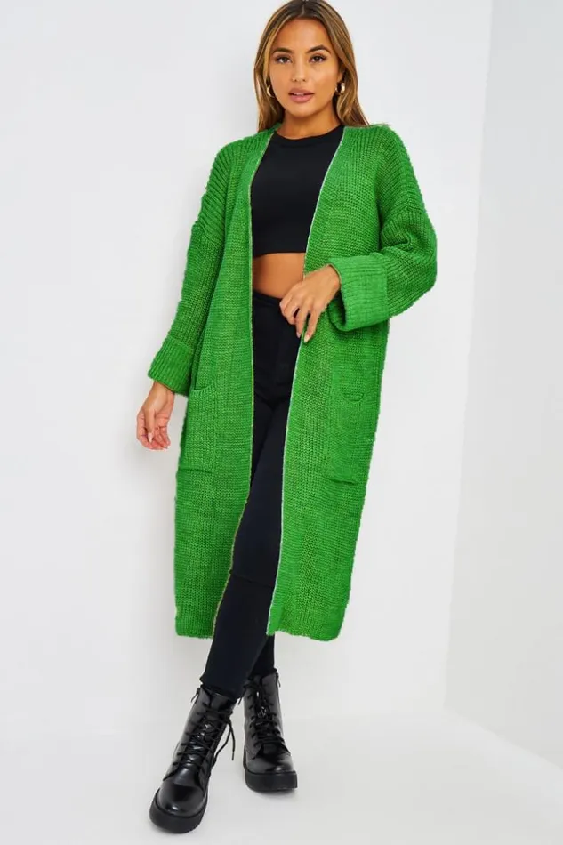 Women Gilet Long Vert En Mailles Ceintur Green Brentiny Paris Cardigans