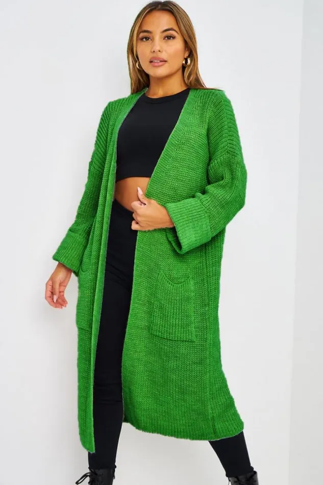 Women Gilet Long Vert En Mailles Ceintur Green Brentiny Paris Cardigans