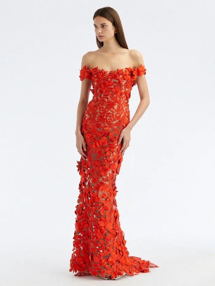 Women Gowns and Caftans Oscar De La Renta Off Shoulder Floral Threadwork Gown Vermilion