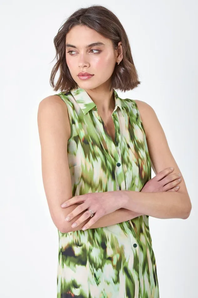 Women Green Abstract Sleeveless Button Chiffon Blouse Roman Tops