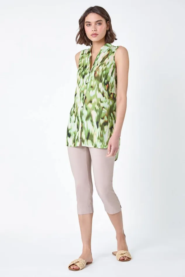 Women Green Abstract Sleeveless Button Chiffon Blouse Roman Tops
