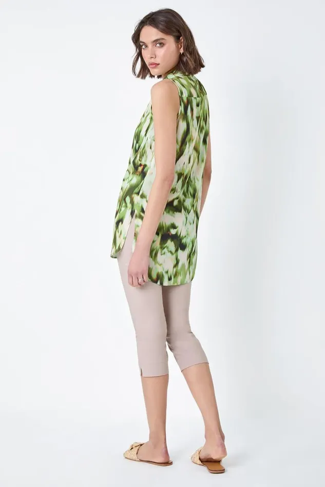 Women Green Abstract Sleeveless Button Chiffon Blouse Roman Tops