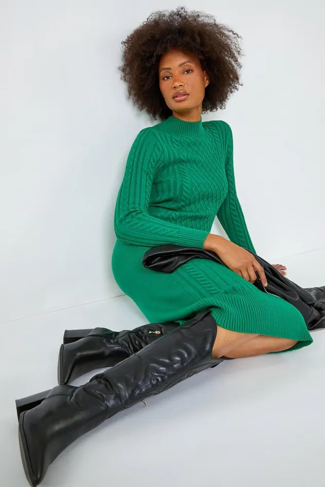 Women Green Cable Knit Midi Jumper Dress Roman Dresses