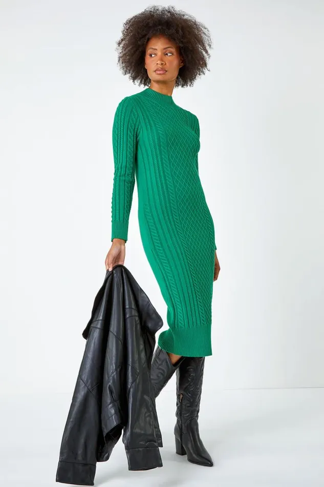 Women Green Cable Knit Midi Jumper Dress Roman Dresses