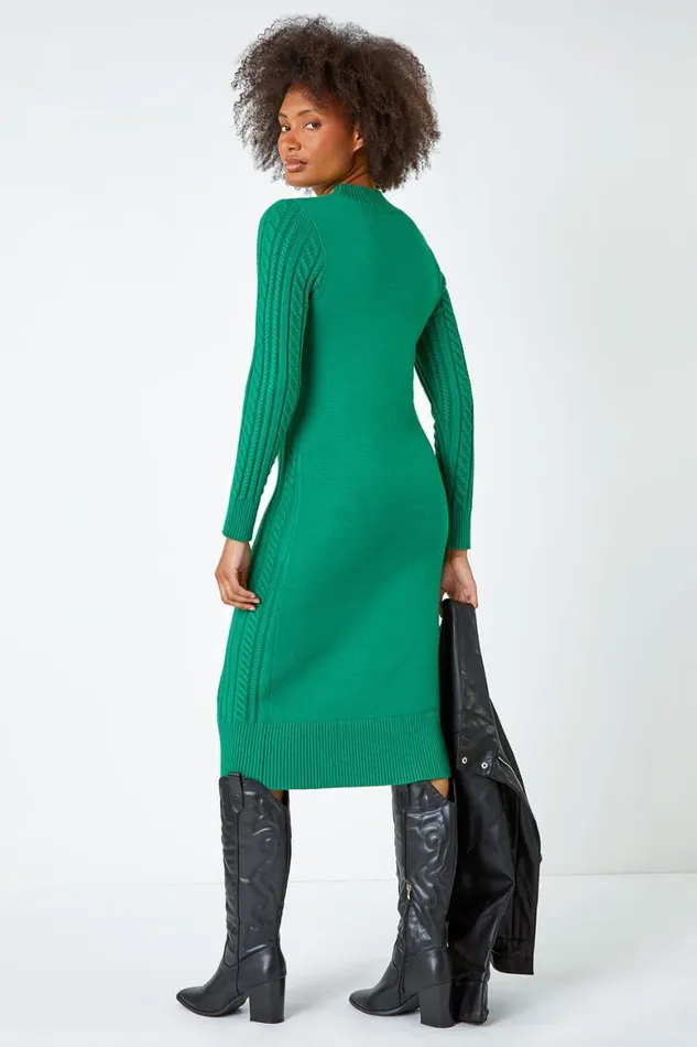 Women Green Cable Knit Midi Jumper Dress Roman Dresses